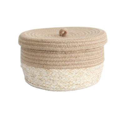 China Table Top Sustainable Round Jute Rope And Straw Machine Storage Sewing Basket With Lid for sale