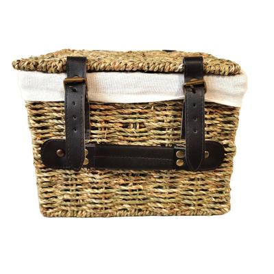 China Tidy/Storage Handcrafted Sea Grass Portable Storage Basket With Lid Cosmetics Storage Basket for sale