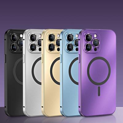 China Shockproof For Iphone 12 pro Max Shockproof Pu 13 14 Magnetic Phone Case With Aluminum Alloy Frame Lens Film Phone Accessories Radio for sale