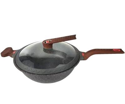 China High Quality Matrix Viable Non Free Cast Aluminum Marble Stick PFOA Wok with Induction Bottom and Silicon Cover for sale