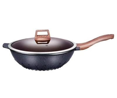 China 32cm die-casting aluminum wok workable with wooden handle non-stick home kitchen or restaurant cookware for sale