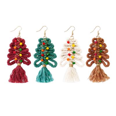 China Bohemian Christmas Gift Boho Cotton Yarn Macrame Christmas Tree Tassel Drop Earrings Bohemian Fringe Earring Dangling Girl Jewelry for sale