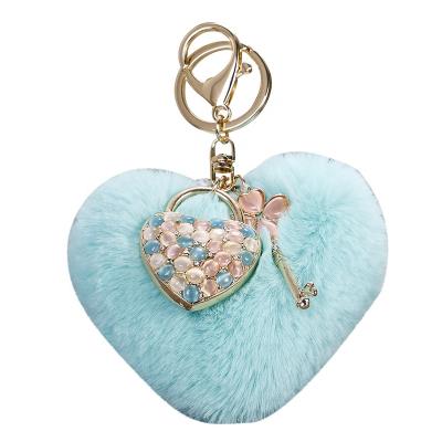 China New Faux Rabbit Fur Heart Shape Key Chain Pom Pom Key Holder Bag Accessory Key Chain Backpack Charms For Girls for sale