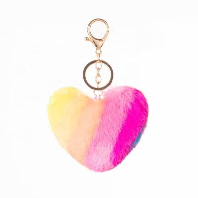 China Cute Heart Fluffy Rainbow Faux Fur Leopard Fur Ball Key Chains Car Key Holder Bag Charm Pendant for sale