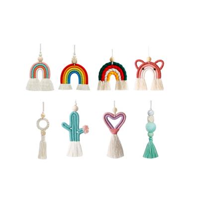 China Handmade Colorful Hanging Boho Woven Hanging Tassels Wall Hanging Bohemian Cute Boho Rainbow Car Charm Rear View Mirror Hanger Macrame for sale