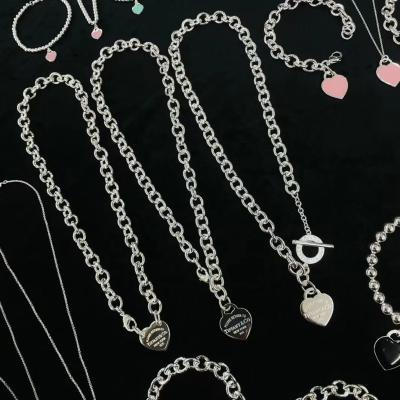 China 925 sterling silver jewelry double heart charm tiff style pendant enamel love necklace fashion jewelry lock pendant for sale