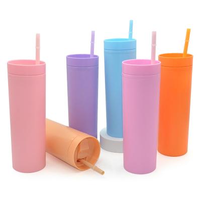 China FBA Warehouse 16oz Acrylic Skinny MatteTumblers With Straw BPA Free Reusable Stemless Straight Plastic Tumbler for sale