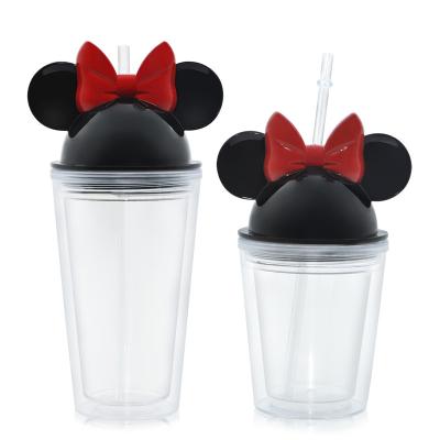 China Wholesale 12oz 22oz Cute Mickey Minnie Drinking Cup Double Wall Plastic Clear Tumbler With Straw for sale