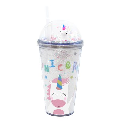 China FBA Warehouse 16oz Cartoon Cute Double Wall Plastic Glitter Cup Tumbler With Straw For Kids for sale