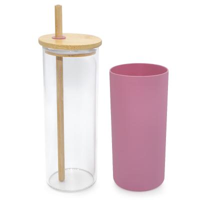 China Bpa Free Wide Mouth High Borosilicate Glass Tumbler With Silicone Protective Sleeve and Bamboo Lid Reusable Straws for sale