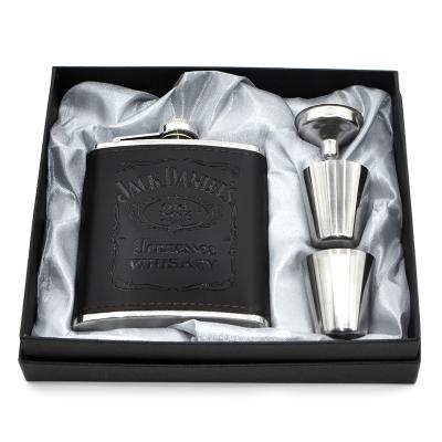 China 7oz Gift Set Alcohol 304 Stainless Steel Pocket Whiskey Alcohol PU Leather Hip Flask With Funnel for sale