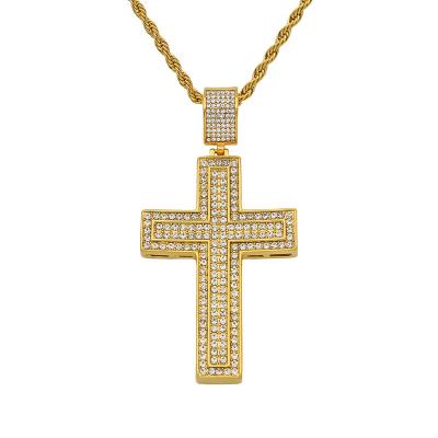 China Hiphop Gold Thin Cross Stainless Steel Rhinestone Pendant Necklace for sale