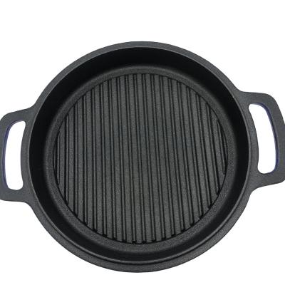 China Disposable Ridges Inside Round Shape Flat Cast Iron Grill Skillet With Herringbone Liner for sale