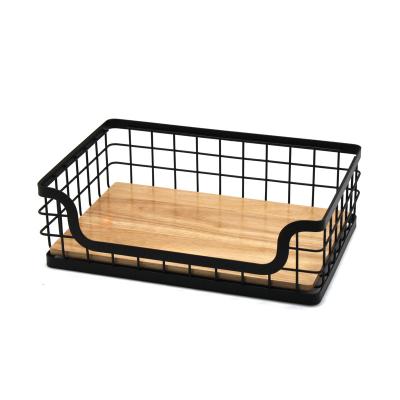 China Sustainable Nordic Black Wire Square With Natural Wood Base Stackable Storage Basket For Galley, Laundry, Office Storage for sale