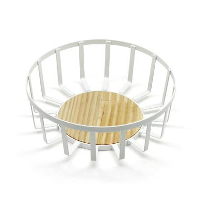 China Viable Nordic white wire with natural wood base round fruit basket, bread basket for sale