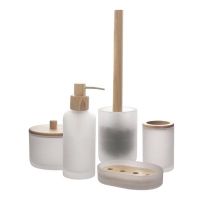 China Sustainable modern natural wood set of frosted glass style bathroom accessories for sale