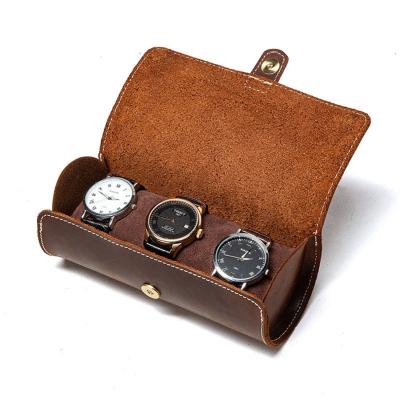 China Factory Handmade High Quality Handmade Leather 3 Slots Watch Roll Case for sale