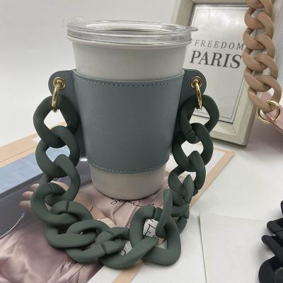 China Factory Price Durable Heat Insulation PU Coffee Cup Sleeves Leather Holder With Chains for sale