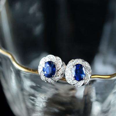 China Vintage Unique Design Created Thin Blue Sapphire Stud Earrings 18k White Gold Jewelry Statement Earring for sale