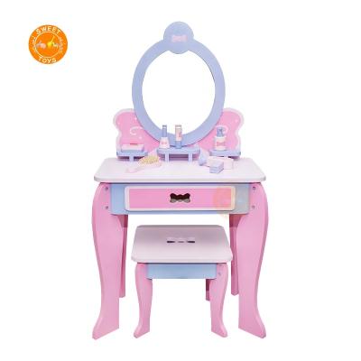 China Kids Wooden Makeup Dressing Table with Mirror Princess Girls Wooden Dresser Cosmetics Gift Set Pretend Toy for sale