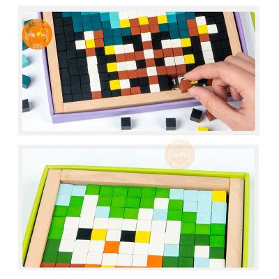 China Eco-friendly Wooden Educational Creative Wooden Block Kids Mosaic Pixel Animal Puzzle Toy For Children Early Education for sale