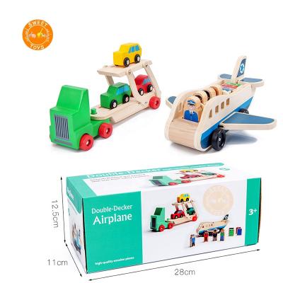 China Fun Double Decker Bus Transporter Truck Model Car and Airplane Puzzle Set 3D Wooden Style Game Transport Catch Toy for sale