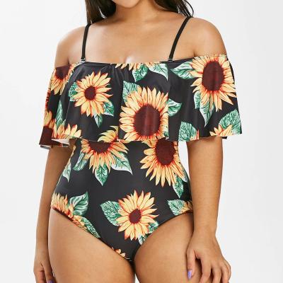 China Plus Size Sunflower QUICK DRY Print Ruffled Logo Fashion High Quality Women Swimsuit Swimwear Beach Casual Wear OEM One Piece Custom for sale