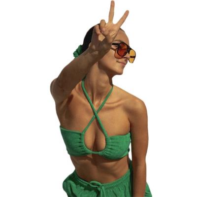 China Custom Anti-pilling Summer Beach Swimsuit Women's Sling Tops Sexy Wrap Terry Cloth Skirt And Bra Towel Mini Skirt Two Piece Set Set for sale