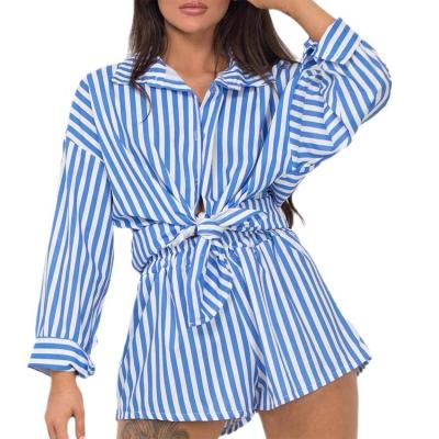 China Anti-pilling 2022 Custom Logo Summer Workout Lady Canvas Clothes Striped Ord Oversized Short Casual Women's Clothing 2pcs Co Shirt Two Piece Set for sale