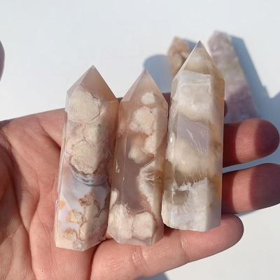 China Wholesale High Quality Natural Quartz Crystal Wand For Gifts Cherry Agate Point Tower Sakura Flower Agate Point From China Or Decoration for sale