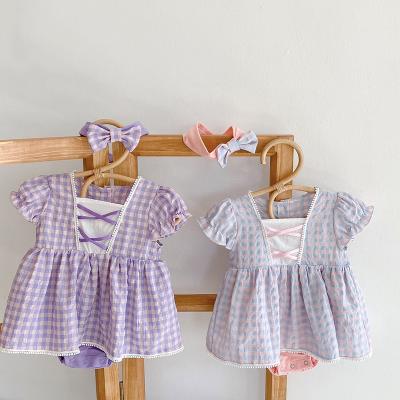 China Popular summer ins2021 baby girl hundred day banquet clothes small plaid lace romper princess dress one-piece rompers for sale