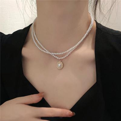 China Europe and America Fashion Imitation Pearl Beads Necklace Double Layered Link Chain Pearl Pendants Necklace Jewelry Oval Bead Necklace for sale