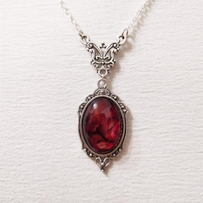 China Europe and America Gothic Blood Red Charm Necklace Oval Quartz Pendant Necklace for Women Halloween Vampire Embossed Witch Jewelry Vintage Scarves for sale