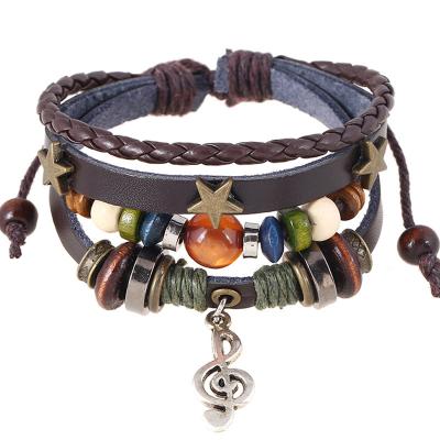 China CLASSIC Handmade Boho Gypsy Hippie Design Brown Star G Key Note Leather Metal Charms Button Wood Beads Wrap Unisex Adjustable Bracelet for sale