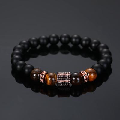 China Matte Onyx Stone and Tiger Eye Combination Stitching CLASSIC With Cubic Zircon Hand Jewelry Beads Elastic Bracelet Stretch Men Bracelet for sale