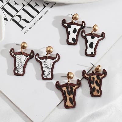 China Newest 2023 CLASSIC Wooden Key Cow Frame Cheetah Stripe Pattern Printing Cow Stud Earrings Western Jewelry Wholesale for sale