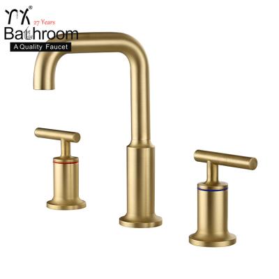 China Faucets WaterMark Gold Basin Faucet Metered Cylindrical Swept Deck Mounted Double Handle With Three Hole Basin Sink Faucet for sale