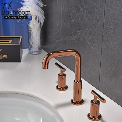 China Cylindrical Faucets cUPC Rose Gold Basin Faucet Metered Deck Mounted Double Handle With Three Hole Basin Sink Faucet for sale