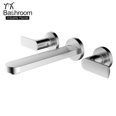 China YX Metered Wall Mounted Bathroom Faucets Three Hole Two Handle Chrome Square Column Straight Wash Face Basin Faucet for sale