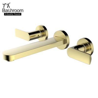 China Titanium Gold Square Column Wash Face Metered Straight Basin Faucet Wall Mounted Contemporary Two Handle Bathroom Faucets YX for sale