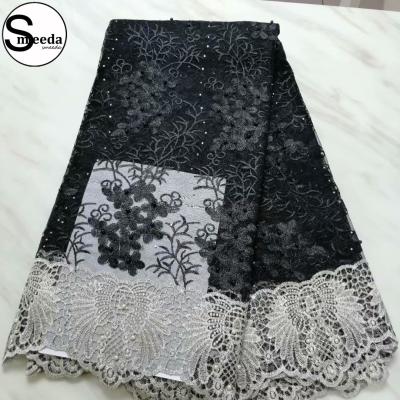 China Viable heavy beaded lace fabric net embroidere lace fabrics 5 yards african stones beaded SMD277N03 for sale