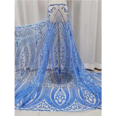 China Sustainable Sky Blue Lace Fabric Embroidered Tulle Fabric for sale