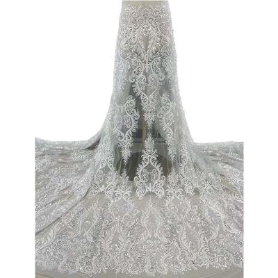 China Viable White Beaded Bridal Mesh Fabric Tulle Beads French Lace Embroidery Lace for sale