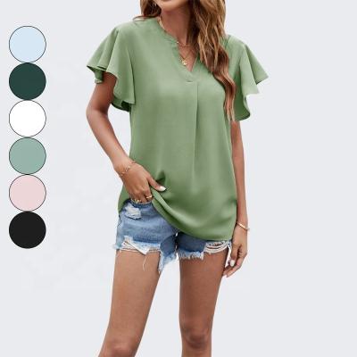 China 2022 New Solid Color Amazon T7250 V-neck Chiffon Shirt Top Selling QUICK DRY Short Sleeve Amazone for sale