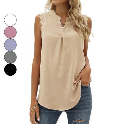 China Hot Sale AC195 QUICK DRY 2022 Summer Amazon New Solid Color Lace Casual Sleeveless Tops V-Neck Shirt for sale