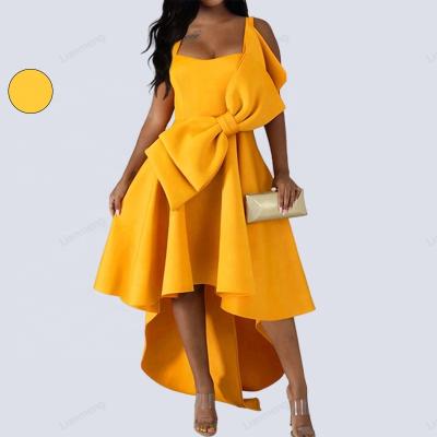 China LIANMENG AB477 Breathable Yellow Bow Sling Asymmetrical Slim Slim Party Evening Dress Suitable Woman Dresses Formal Elegant Party 2022 for sale