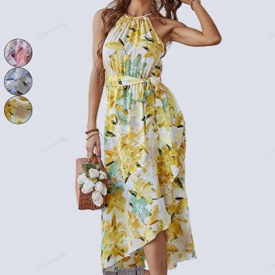 China AB028 Floral Print Dress Women's Sexy Ladies New Maxi Dress Sleeveless Printed Sleeveless Dress Mixed Breathable Summer Dress for sale