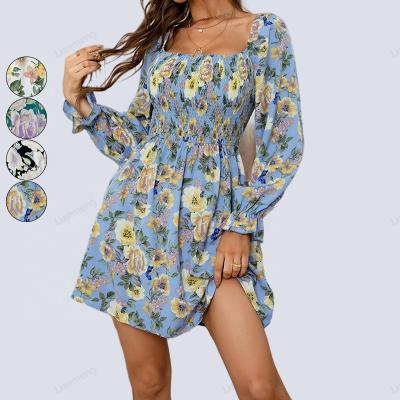 China AS016 Ladies V Neck Floral Print Sundress Long Sleeve Sundress Women's Mixed Sleeveless Sundress One Line Mixed Line Summer Dress for sale