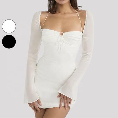 China AB624 Bodycon Breathable Dress Long Sleeve Spaghetti Strap High Low Sexy Club Eve Eve Long Sleeve Mini Bodysuit Mesh Dress Women Hallter Strap for sale