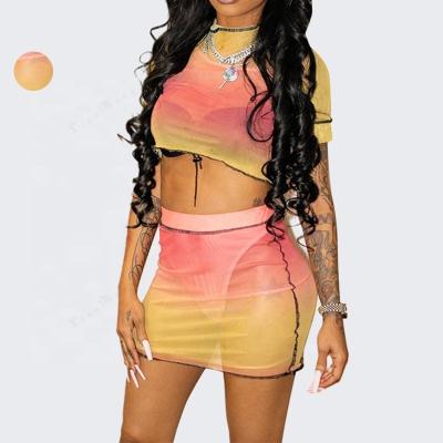 China 2022 AS650 Summer New Fashion Women's Gradient Print Sexy Thin Short Sleeve Mesh Hip Skirt Short Mesh QUICK DRY Two Piece Set Suit for sale